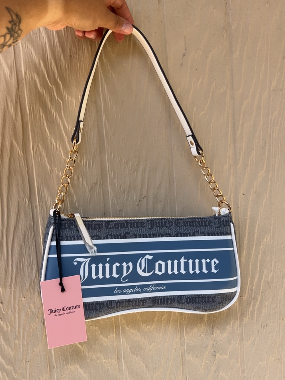 Juicy Couture Navy and White Logo Shoulder Bag with Gold Chain